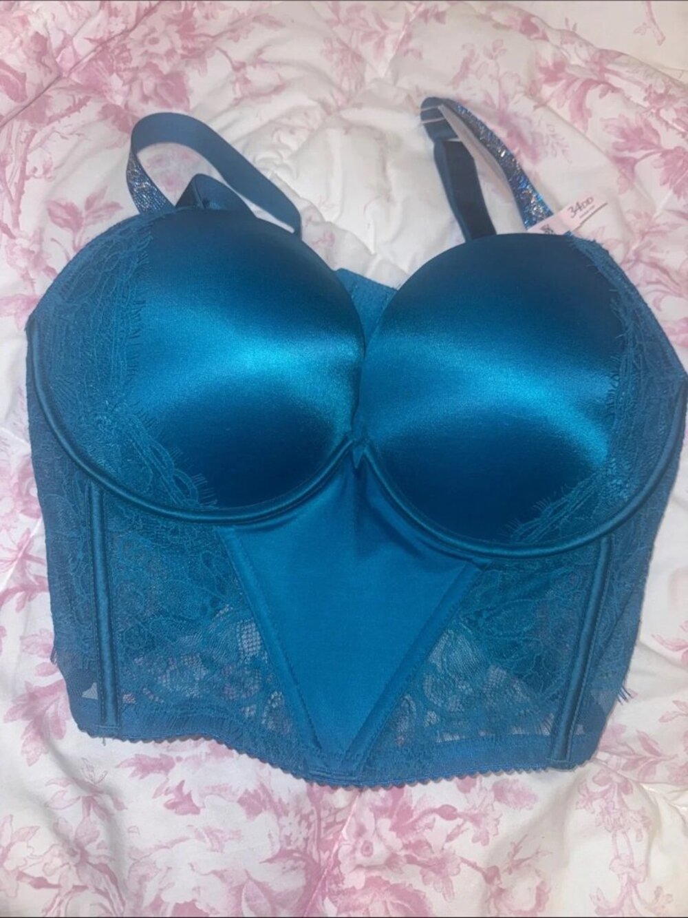 NWT Victoria’s Secret Blue Teal Rhinestone Strap Lace Corset 34DD